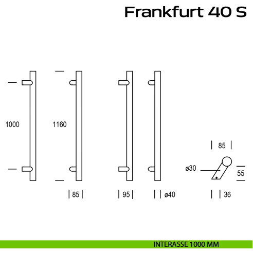 Maniglione acciaio per porta Frankfurt 40 S Reguitti Inox spostato interasse 1000 mm