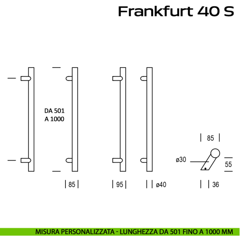 Maniglione acciaio per porta Frankfurt 40 S Reguitti Inox spostato lunghezza personalizzata da 501 mm fino a 1000 mm