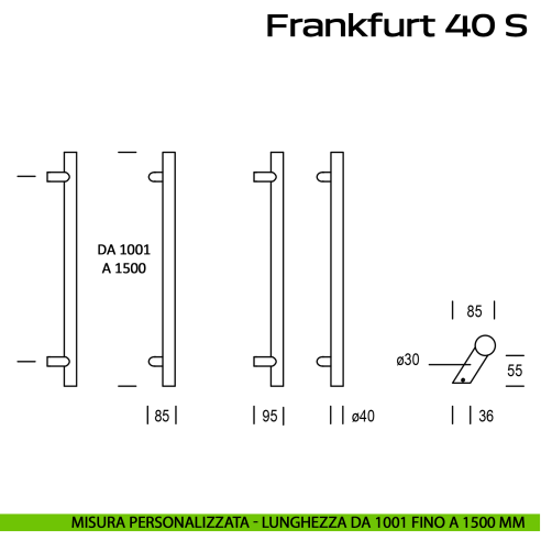 Maniglione acciaio per porta Frankfurt 40 S Reguitti Inox spostato lunghezza personalizzata da 1001 mm fino a 1500 mm