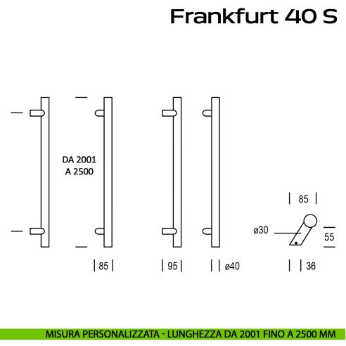 Maniglione acciaio per porta Frankfurt 40 S Reguitti Inox spostato lunghezza personalizzata da 2001 mm fino a 2500 mm