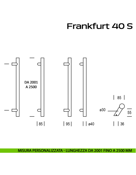 Maniglione acciaio per porta Frankfurt 40 S Reguitti Inox spostato lunghezza personalizzata da 2001 mm fino a 2500 mm