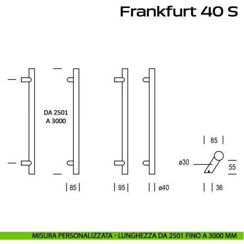 Maniglione acciaio per porta Frankfurt 40 S Reguitti Inox spostato lunghezza personalizzata da 2501 mm fino a 3000 mm