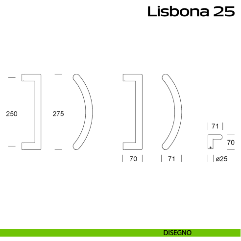 Maniglione zancato in acciaio per porta Lisbona 25 Reguitti Inox disegno
