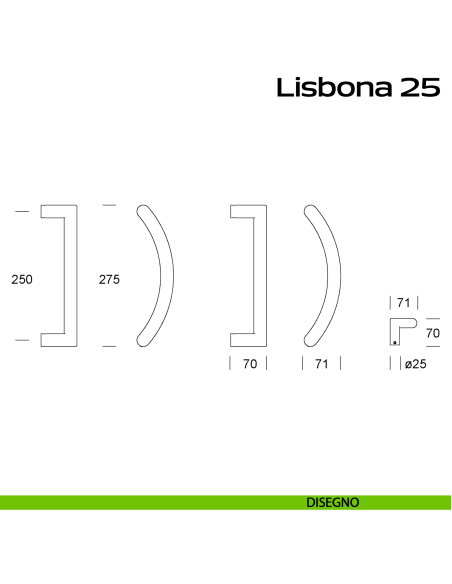 Maniglione zancato in acciaio per porta Lisbona 25 Reguitti Inox disegno