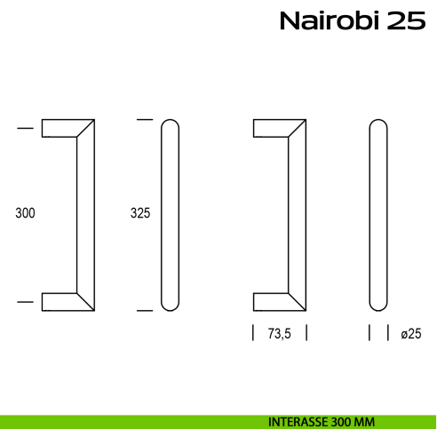 Maniglione acciaio per porta diametro 25 mm Nairobi 25 Reguitti Inox interasse 300 mm