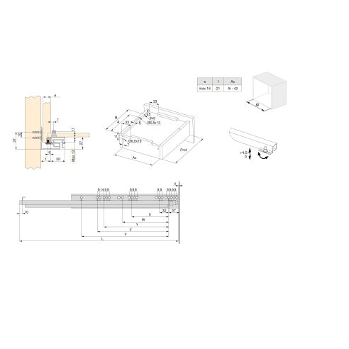 Emuca Set di guide per cassetti a scomparsa Silver, estrazione totale, chiusura soft, profondità 550 mm, Acciaio, Zincato bianco