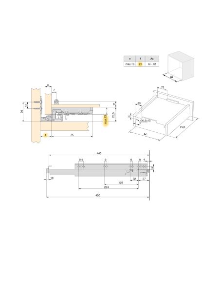 Emuca Set di guide per cassetti a scomparsa Silver, estrazione totale, con chiusura soft e aggancio, profondità 440 mm, Acciaio,