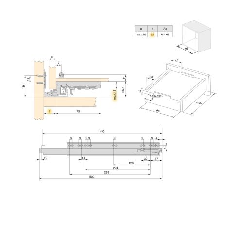 Emuca Set di guide per cassetti a scomparsa Silver, estrazione totale, con chiusura soft e aggancio, profondità 490 mm, Acciaio,