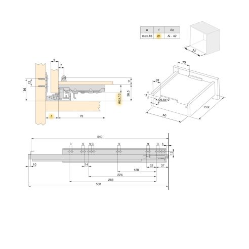 Emuca Set di guide per cassetti a scomparsa Silver, estrazione totale, con chiusura soft e aggancio, profondità 540 mm, Acciaio,