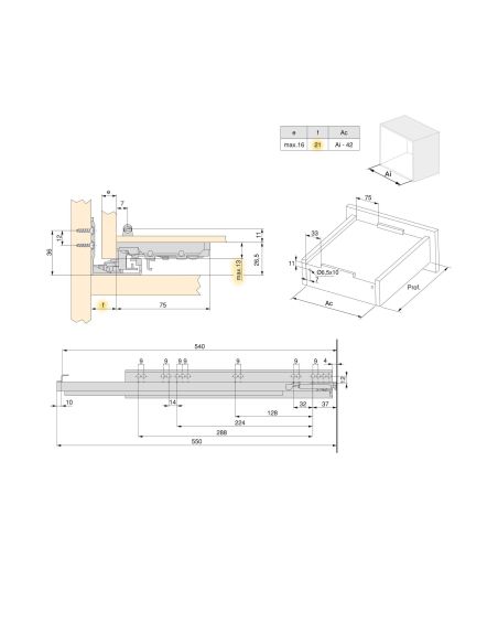 Emuca Set di guide per cassetti a scomparsa Silver, estrazione totale, con chiusura soft e aggancio, profondità 540 mm, Acciaio,