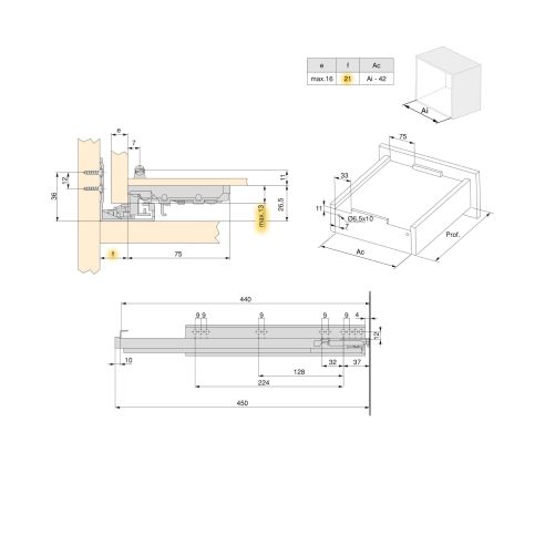 Emuca Lotto di 10 set di guide a scomparsa Silver, estrazione totale, con chiusura soft e aggancio, profondità 440 mm, Acciaio, 