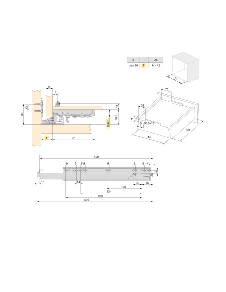 Emuca Lotto di 10 set di guide a scomparsa Silver, estrazione totale, con chiusura soft e aggancio, profondità 490 mm, Acciaio, 