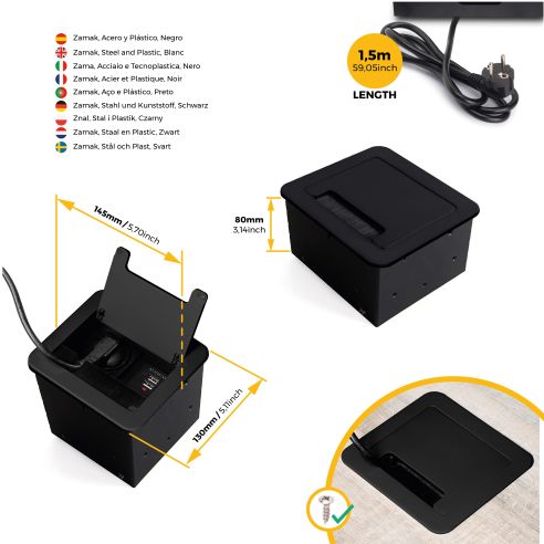 Emuca Multipresa Atom 14 per scrivania, EU, Verniciato nero, Acciaio e Tecnoplastica e Alluminio