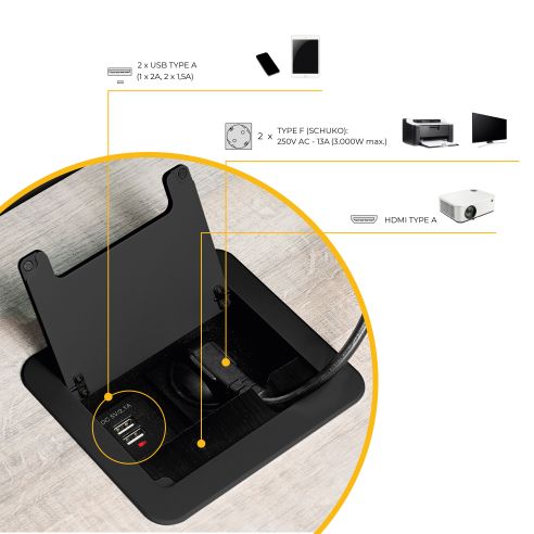 Emuca Multipresa Atom 14 per scrivania, EU, Verniciato nero, Acciaio e Tecnoplastica e Alluminio