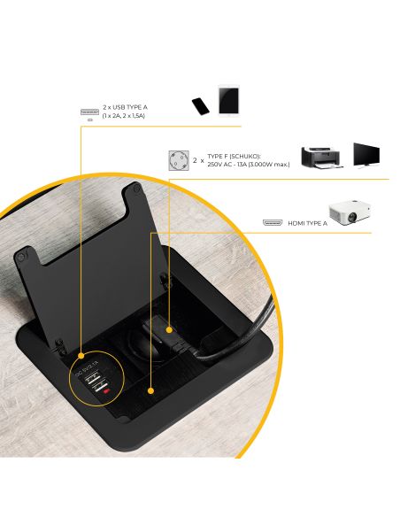 Emuca Multipresa Atom 14 per scrivania, EU, Verniciato nero, Acciaio e Tecnoplastica e Alluminio
