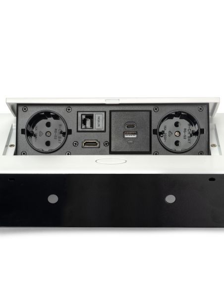 Emuca Multiconnettore Atom 26, 225x111mm, 2 prese Schuko, 1 USB Tipo A, 1 USB Tipo C, 1 RJ45, 1 HDMI, Zama-Acciaio-Plastica