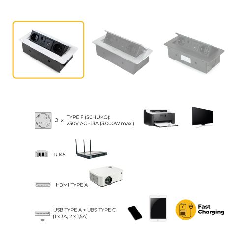 Emuca Multiconnettore Atom 26, 225x111mm, 2 prese Schuko, 1 USB Tipo A, 1 USB Tipo C, 1 RJ45, 1 HDMI, Zama-Acciaio-Plastica