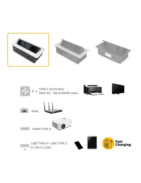 Emuca Multiconnettore Atom 26, 225x111mm, 2 prese Schuko, 1 USB Tipo A, 1 USB Tipo C, 1 RJ45, 1 HDMI, Zama-Acciaio-Plastica