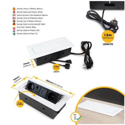 Emuca Multiconnettore Atom 26, 225x111mm, 2 prese Schuko, 1 USB Tipo A, 1 USB Tipo C, 1 RJ45, 1 HDMI, Zama-Acciaio-Plastica