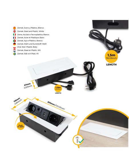 Emuca Multiconnettore Atom 26, 225x111mm, 2 prese Schuko, 1 USB Tipo A, 1 USB Tipo C, 1 RJ45, 1 HDMI, Zama-Acciaio-Plastica