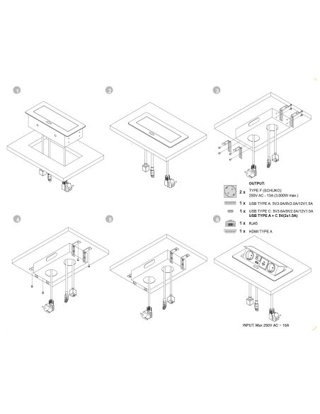 Emuca Multiconnettore Atom 26, 225x111mm, 2 prese Schuko, 1 USB Tipo A, 1 USB Tipo C, 1 RJ45, 1 HDMI, Zama-Acciaio-Plastica