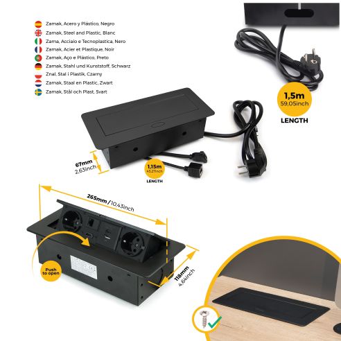 Emuca Multiconnettore Atom 26, 225x111mm, 2 prese Schuko, 1 USB Tipo A, 1 USB Tipo C, 1 RJ45, 1 HDMI, Zama-Acciaio-Plastica