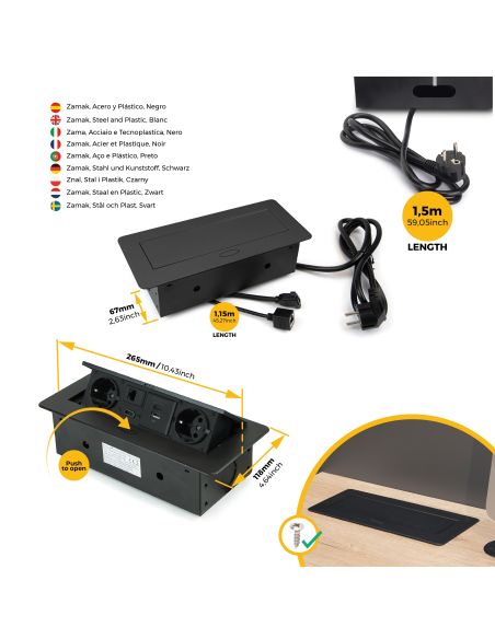 Emuca Multiconnettore Atom 26, 225x111mm, 2 prese Schuko, 1 USB Tipo A, 1 USB Tipo C, 1 RJ45, 1 HDMI, Zama-Acciaio-Plastica