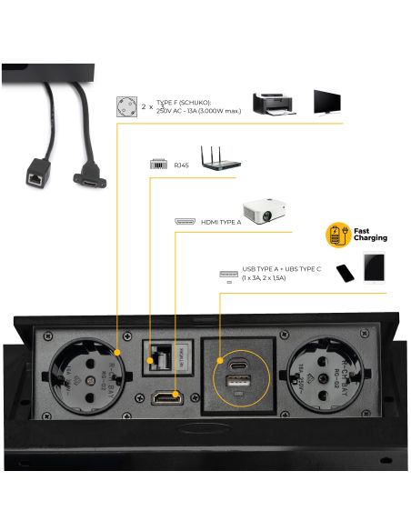 Emuca Multiconnettore Atom 26, 225x111mm, 2 prese Schuko, 1 USB Tipo A, 1 USB Tipo C, 1 RJ45, 1 HDMI, Zama-Acciaio-Plastica