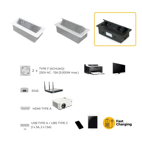 Emuca Multiconnettore Atom 26, 225x111mm, 2 prese Schuko, 1 USB Tipo A, 1 USB Tipo C, 1 RJ45, 1 HDMI, Zama-Acciaio-Plastica