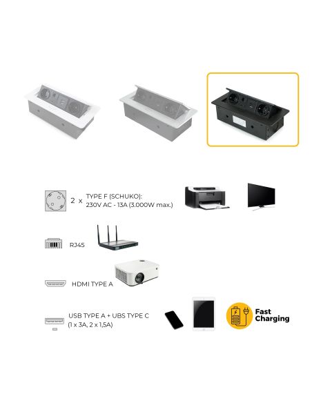 Emuca Multiconnettore Atom 26, 225x111mm, 2 prese Schuko, 1 USB Tipo A, 1 USB Tipo C, 1 RJ45, 1 HDMI, Zama-Acciaio-Plastica