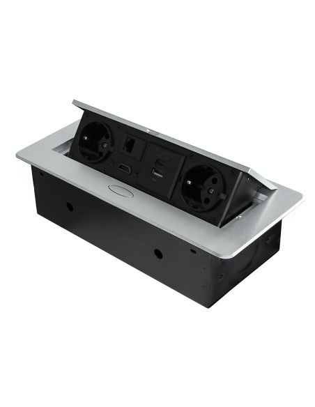 Emuca Multiconnettore Atom 26, 225x111mm, 2 prese Schuko, 1 USB tipo A, 1 USB tipo C, 1 RJ45, 1 HDMI, Zama-Acciaio-Plastica