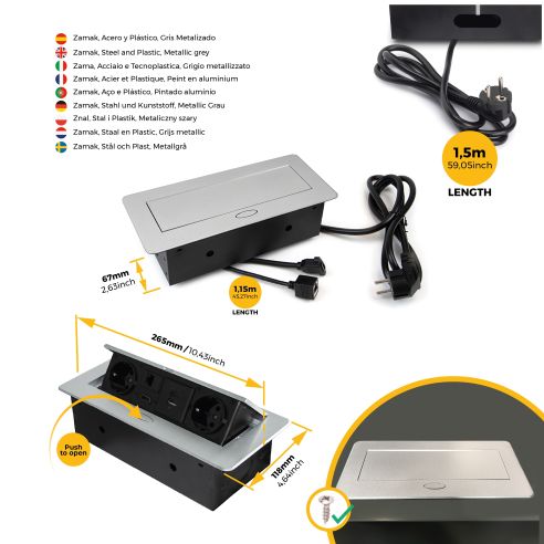 Emuca Multiconnettore Atom 26, 225x111mm, 2 prese Schuko, 1 USB tipo A, 1 USB tipo C, 1 RJ45, 1 HDMI, Zama-Acciaio-Plastica