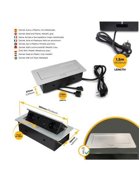 Emuca Multiconnettore Atom 26, 225x111mm, 2 prese Schuko, 1 USB tipo A, 1 USB tipo C, 1 RJ45, 1 HDMI, Zama-Acciaio-Plastica