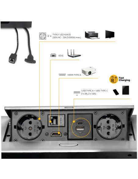 Emuca Multiconnettore Atom 26, 225x111mm, 2 prese Schuko, 1 USB tipo A, 1 USB tipo C, 1 RJ45, 1 HDMI, Zama-Acciaio-Plastica