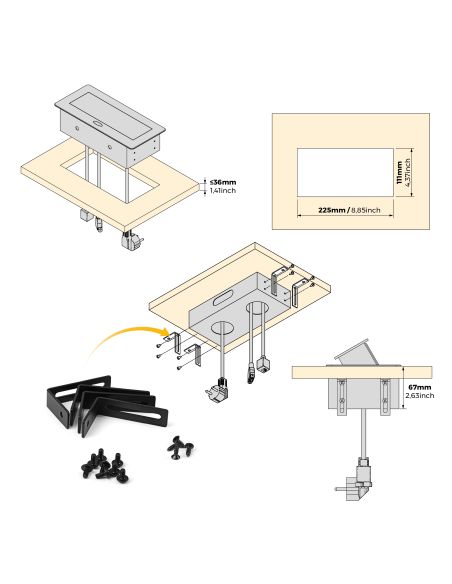 Emuca Multiconnettore Atom 26, 225x111mm, 2 prese Schuko, 1 USB tipo A, 1 USB tipo C, 1 RJ45, 1 HDMI, Zama-Acciaio-Plastica