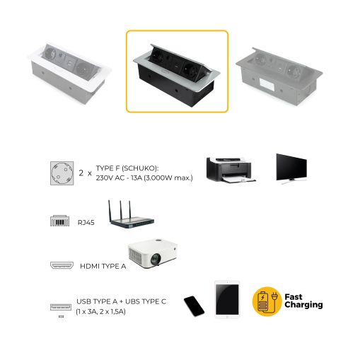 Emuca Multiconnettore Atom 26, 225x111mm, 2 prese Schuko, 1 USB tipo A, 1 USB tipo C, 1 RJ45, 1 HDMI, Zama-Acciaio-Plastica