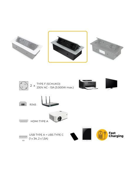 Emuca Multiconnettore Atom 26, 225x111mm, 2 prese Schuko, 1 USB tipo A, 1 USB tipo C, 1 RJ45, 1 HDMI, Zama-Acciaio-Plastica