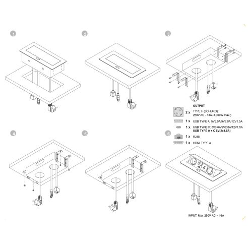 Emuca Multiconnettore Atom 26, 225x111mm, 2 prese Schuko, 1 USB tipo A, 1 USB tipo C, 1 RJ45, 1 HDMI, Zama-Acciaio-Plastica