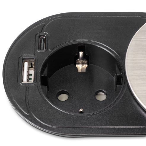 Emuca Multiconnettore con coperchio scorrevole Vertikal Flat 60, diametro 60 mm, 1 presa Schuko, 1 USB Tipo A, 1 USB Tipo C