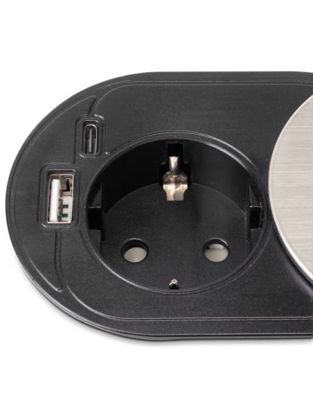 Emuca Multiconnettore con coperchio scorrevole Vertikal Flat 60, diametro 60 mm, 1 presa Schuko, 1 USB Tipo A, 1 USB Tipo C