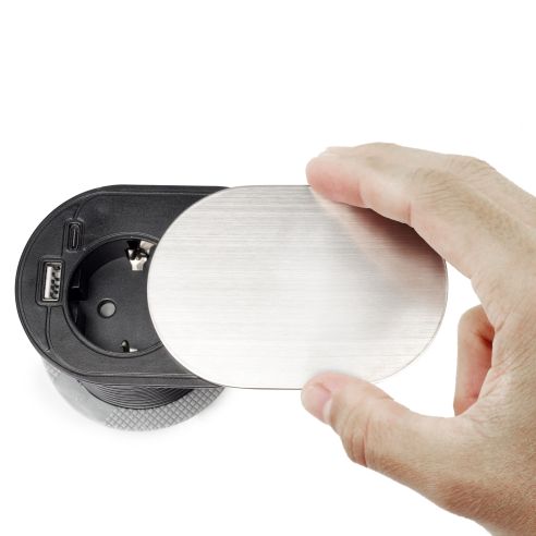 Emuca Multiconnettore con coperchio scorrevole Vertikal Flat 60, diametro 60 mm, 1 presa Schuko, 1 USB Tipo A, 1 USB Tipo C