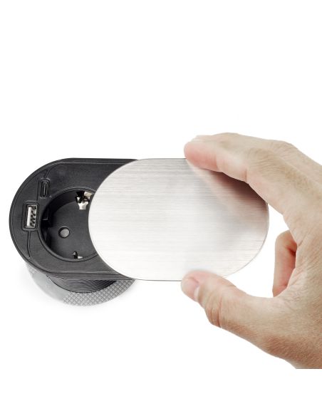 Emuca Multiconnettore con coperchio scorrevole Vertikal Flat 60, diametro 60 mm, 1 presa Schuko, 1 USB Tipo A, 1 USB Tipo C