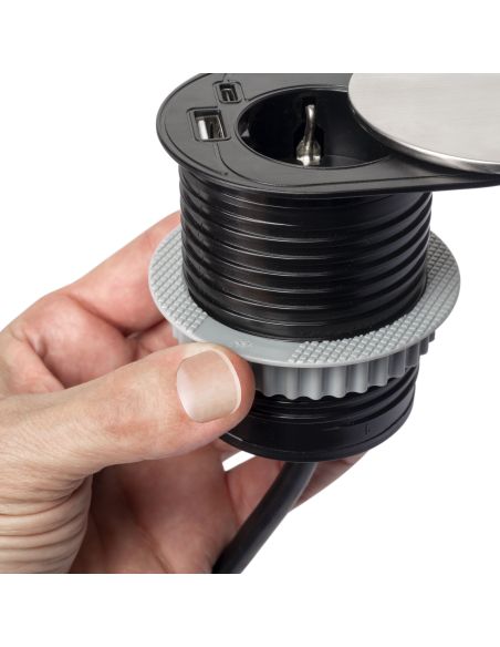 Emuca Multiconnettore con coperchio scorrevole Vertikal Flat 60, diametro 60 mm, 1 presa Schuko, 1 USB Tipo A, 1 USB Tipo C