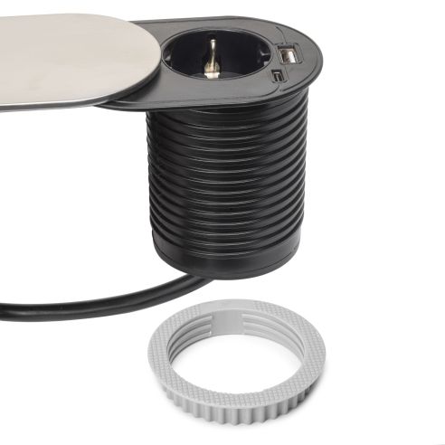 Emuca Multiconnettore con coperchio scorrevole Vertikal Flat 60, diametro 60 mm, 1 presa Schuko, 1 USB Tipo A, 1 USB Tipo C