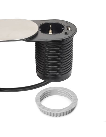 Emuca Multiconnettore con coperchio scorrevole Vertikal Flat 60, diametro 60 mm, 1 presa Schuko, 1 USB Tipo A, 1 USB Tipo C