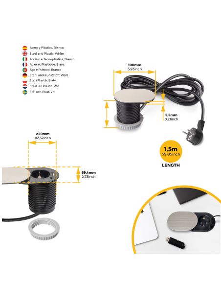 Emuca Multiconnettore con coperchio scorrevole Vertikal Flat 60, diametro 60 mm, 1 presa Schuko, 1 USB Tipo A, 1 USB Tipo C