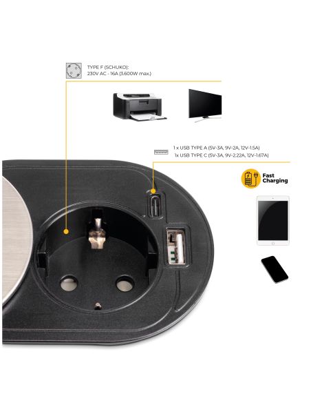 Emuca Multiconnettore con coperchio scorrevole Vertikal Flat 60, diametro 60 mm, 1 presa Schuko, 1 USB Tipo A, 1 USB Tipo C