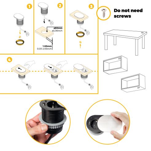 Emuca Multiconnettore con coperchio scorrevole Vertikal Flat 60, diametro 60 mm, 1 presa Schuko, 1 USB Tipo A, 1 USB Tipo C