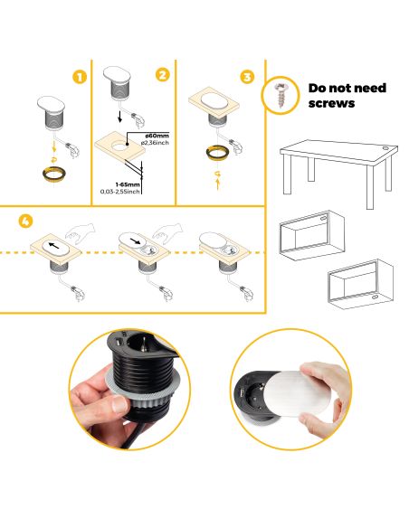 Emuca Multiconnettore con coperchio scorrevole Vertikal Flat 60, diametro 60 mm, 1 presa Schuko, 1 USB Tipo A, 1 USB Tipo C