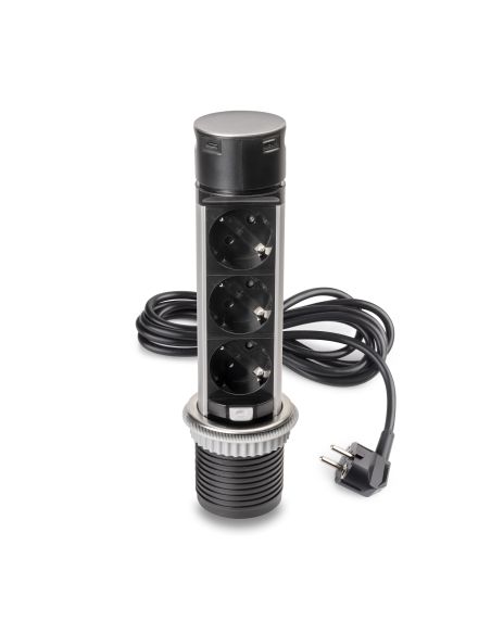 Emuca Multiconnettore estraibile Vertikal Push 60, diametro 60 mm, 3 prese Schuko, 1 USB tipo A, 1 USB tipo C